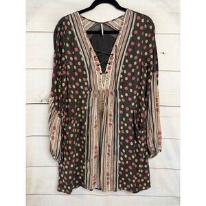 Free People Womens Boho Mixed Print Lace Up V-Neck Mini Dress Tunic Black Medium